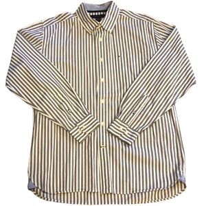 TOMMY HILFIGER MENS CASUAL STRIPED BUTTON DOWN LONG SLEEVE SHIRT GRAY WHI SIZE M